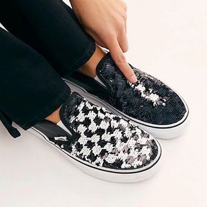 Vans sequin checkered black white slip on 7.5